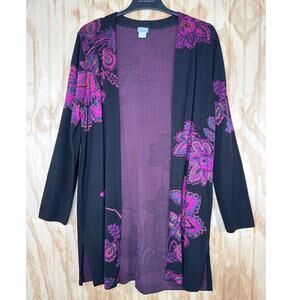 Chico’s Open Front Long Knit Floral Cardigan Black Multicolor Size 2/Large